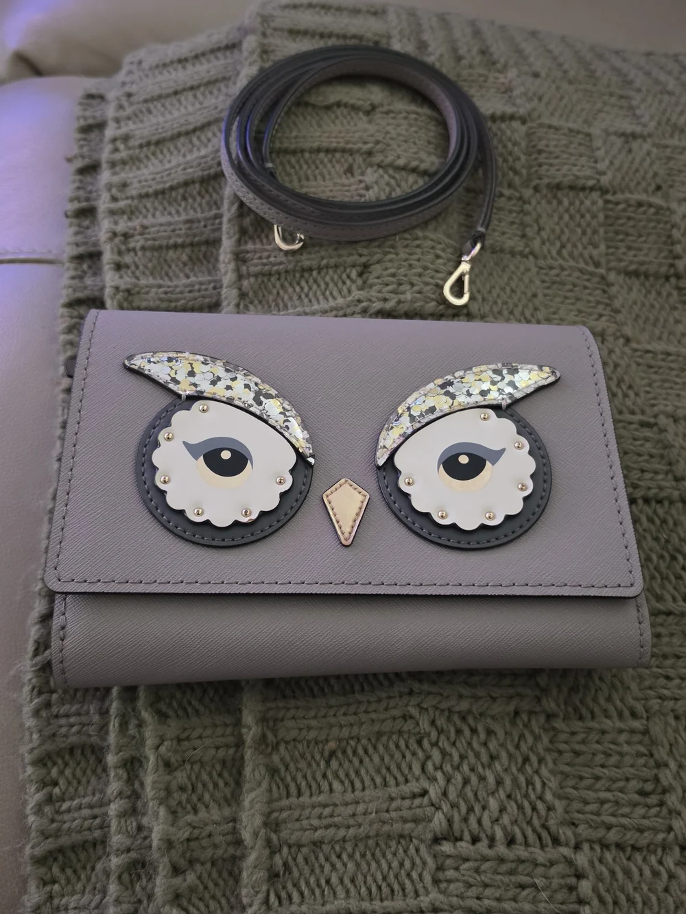 Kate Spade Grey Owl-Appliqué Crossbody Bag. New
